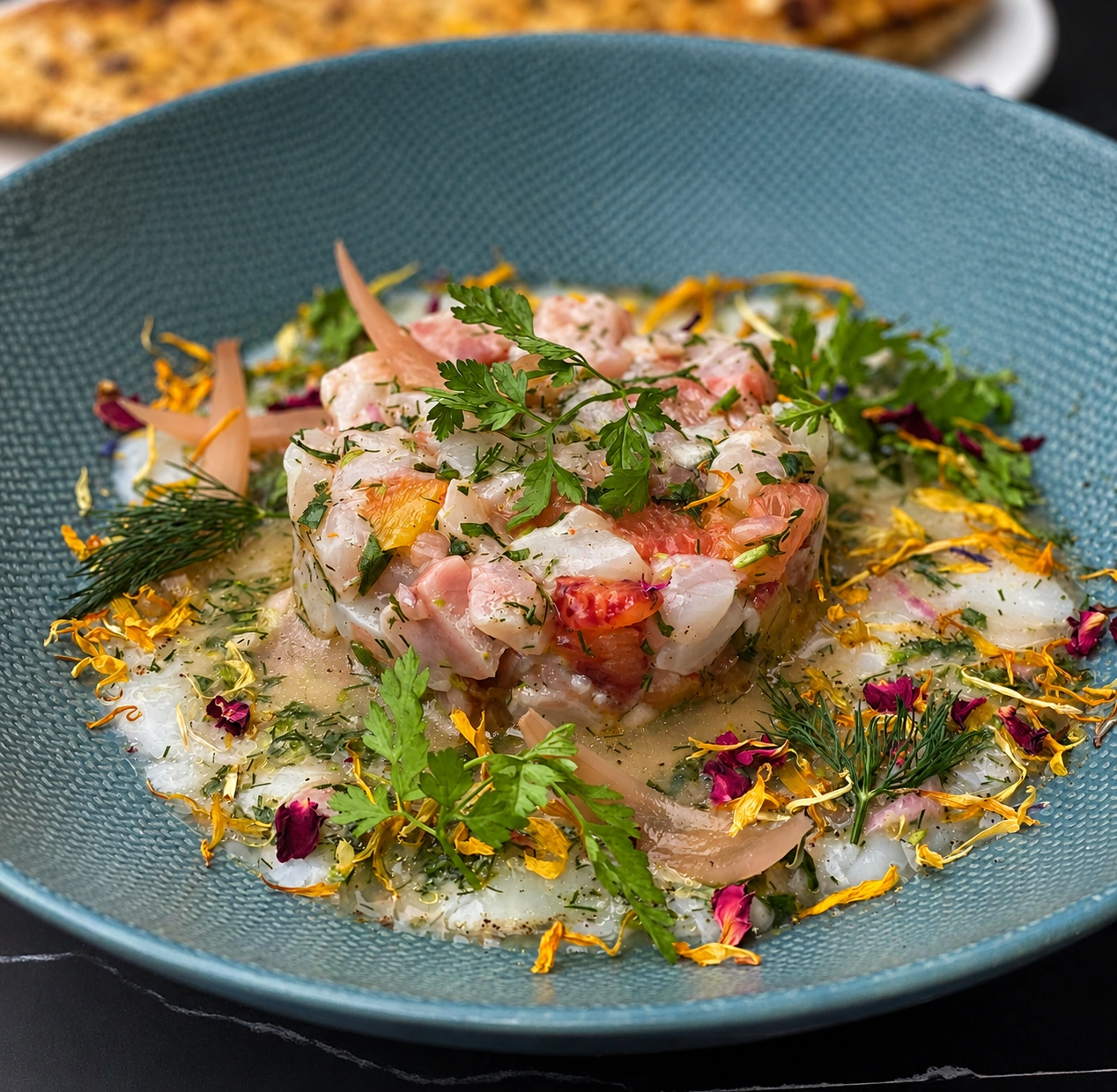 Tartare de dorade aux agrumes et herbes fraîches dans une assiette bleue